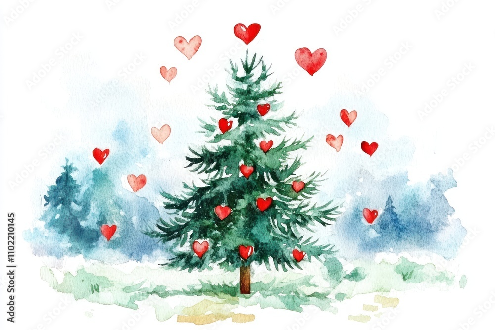 A watercolor painting of a pine tree with red hearts as ornaments, in a snowy winter forest.