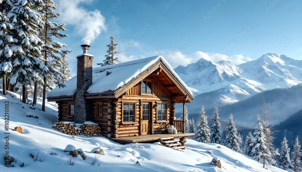 Naklejka premium A cozy log cabin on a snowy mountain slope, with smoke coming out of the chimney and a stack of firewood beside it