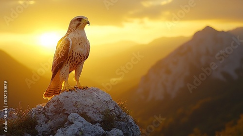 Falcon Headed Bodybuilder Stands Atop Mountain at Sunrise Symbolizing Freedom and Strength photo