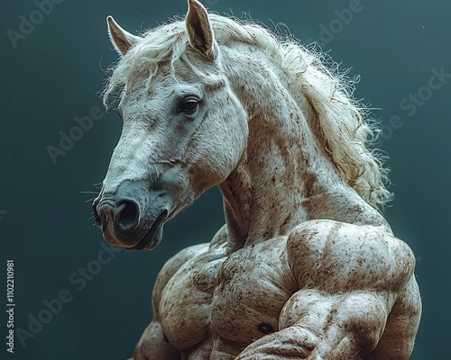 Powerful Equine Hybrid   Muscular Bodybuilder with Horse Head Lifting Weights photo