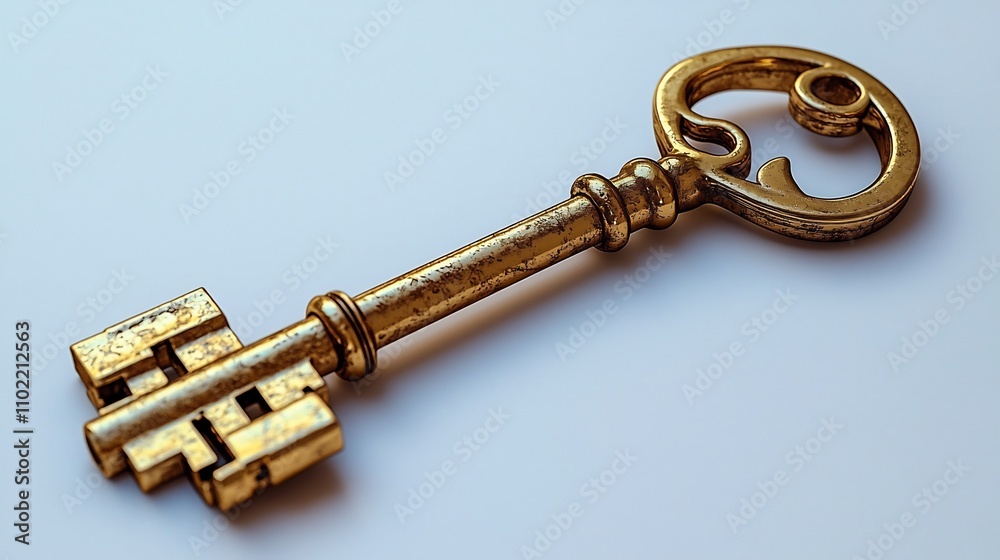 Gleaming Golden Key on Pristine White Background Signifying Opportunity and Success Gleaming Golden Key on Pristine White Background Signifying Opportunity and Success