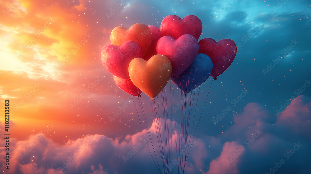 Fototapeta premium Colorful heart-shaped balloons drifting in vibrant sunset skies over fluffy clouds. Generative AI