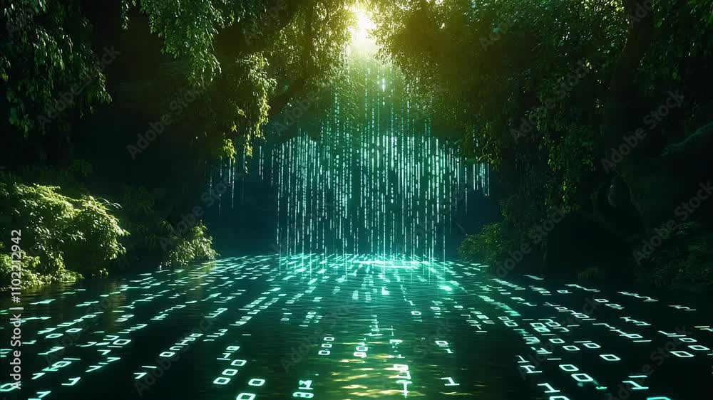 Enchanting Digital Forest with Waterfall Seamless Loop Background