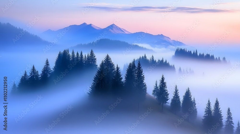 Misty Mountain Landscape With Silhouetted Pine Trees Misty Mountain Landscape With Silhouetted Pine Trees