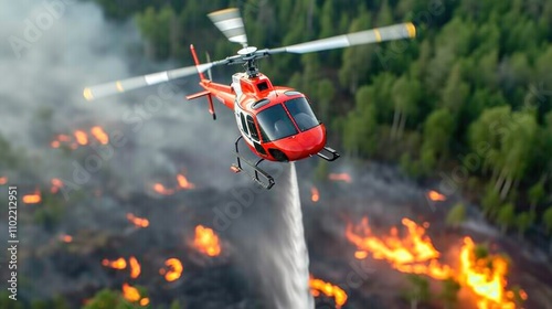 Firefighting Helicopter Dropping Water on Burning Forest photo