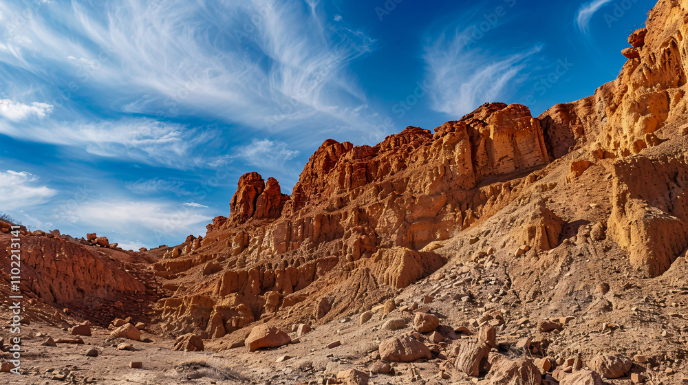 Fototapeta premium Brown rock formations against a blue sky during the daytime.
