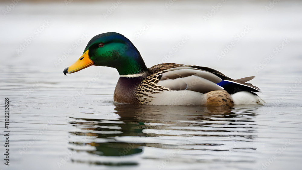 Obraz premium Against a pristine white backdrop, a Mallard glides gracefully. Its vibrant plumage stands out in sharp contrast. aI