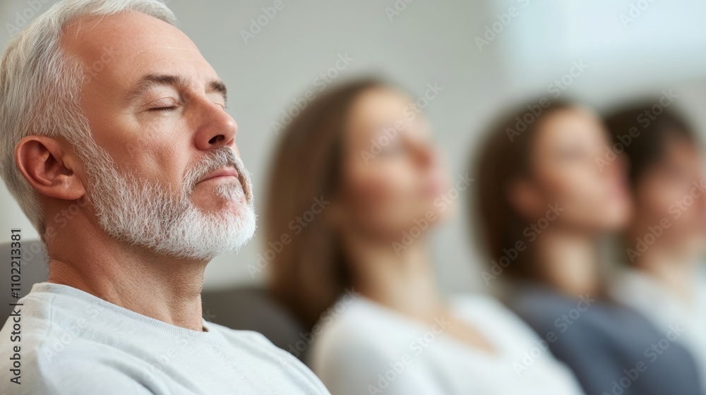 Group of people practicing mindfulness and enjoying a relaxing meditation session, focusing on their inner peace and well being Group of people practicing mindfulness and enjoying a relaxing meditation session, focusing on their inner peace and well being