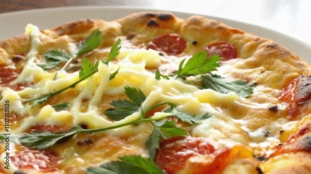 Macro Close-Up of Stretching Cheese and Fresh Herbs on a Lifted Pizza Slice