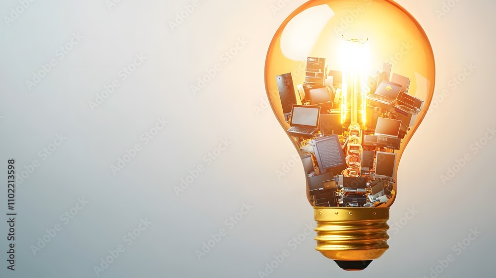 A dramatic double exposure of a glowing light bulb representing innovation and progress, with a scene of Chinese manufacturing and consumer products like electronics and household items filling A dramatic double exposure of a glowing light bulb representing innovation and progress, with a scene of Chinese manufacturing and consumer products like electronics and household items filling