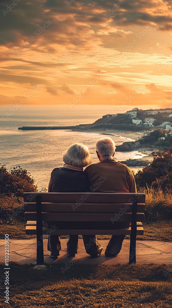 Elderly couple enjoys a serene sunset by the ocean, reflecting on life together in a peaceful setting near shore Elderly couple enjoys a serene sunset by the ocean, reflecting on life together in a peaceful setting near shore