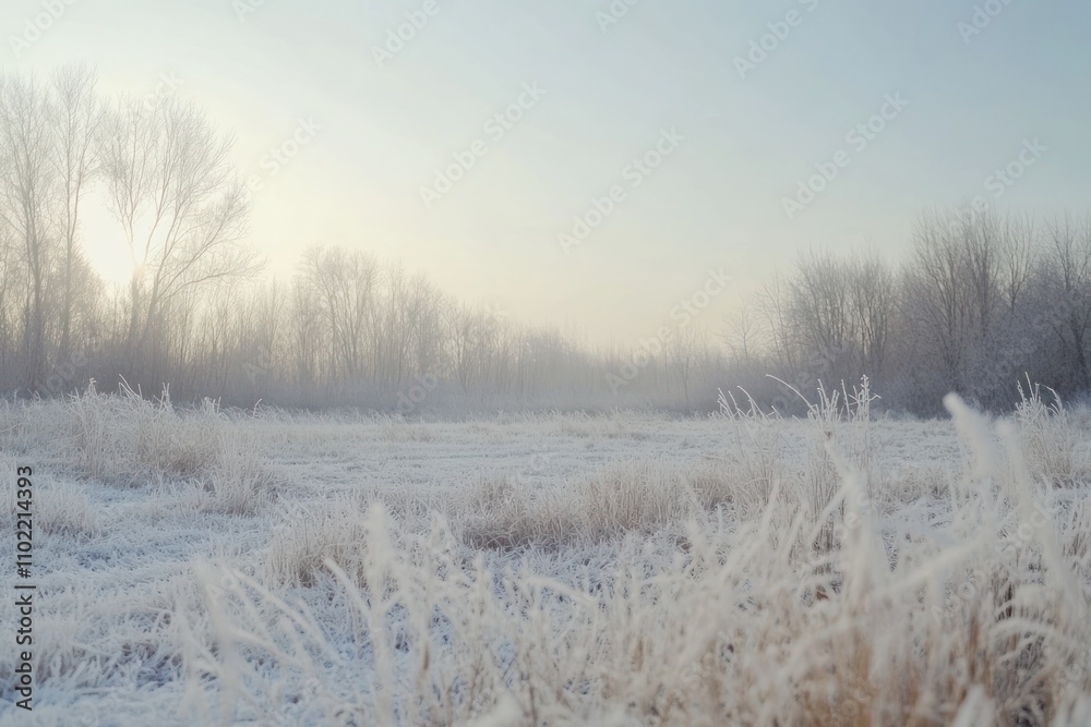 A frosty field with trees in the background on a foggy winter morning. A frosty field with trees in the background on a foggy winter morning.
