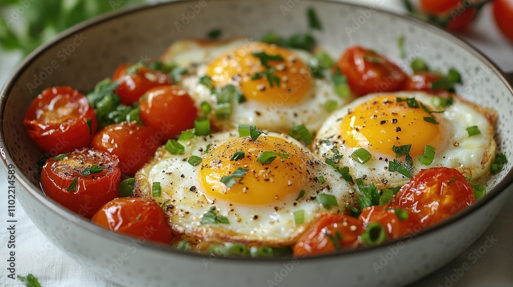 A delicious dish featuring fried eggs and roasted cherry tomatoes, garnished with herbs.