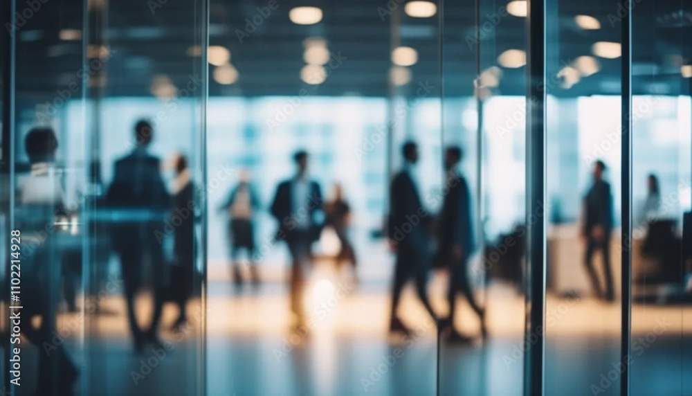 Blurred people in modern office. View through the glass.