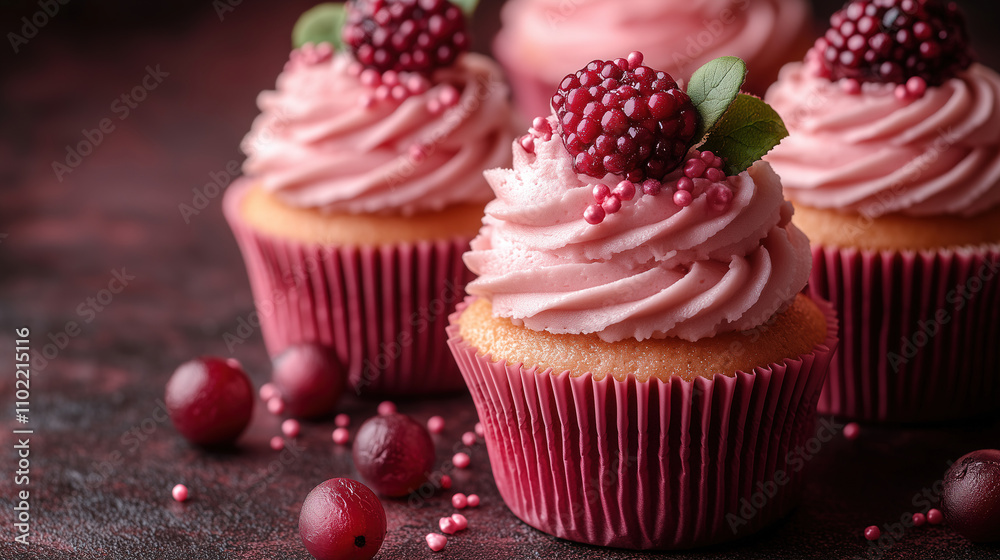Red velvet cupcakes topped with pink frosting and berries arranged on a dark table in a cozy setting. Generative AI