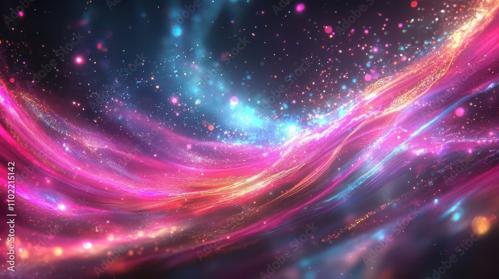 Fototapeta premium Abstract 3D Background: Glittering Pink, Blue, and Orange Waves Flowing Dynamically with Sparkling Particles