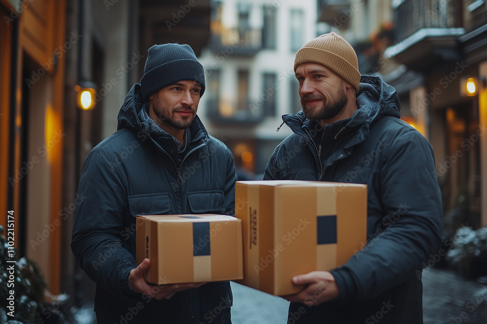 Couriers delivering branded packages to urban apartments during a busy day. Couriers delivering branded packages to urban apartments during a busy day.