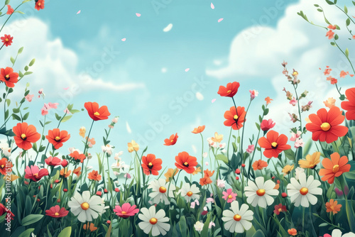 Season therapy. A vibrant field of colorful flowers under a bright blue sky, with fluffy clouds and soft petals drifting in the gentle breeze.