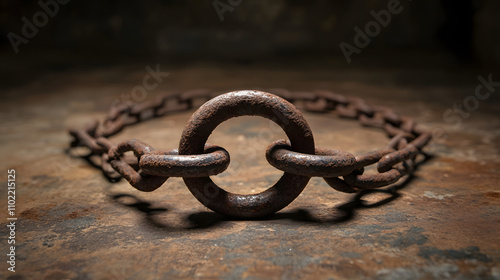 A rusty metal chain links a circular ring, resting on a textured surface, evoking themes of confinement or historical usage.