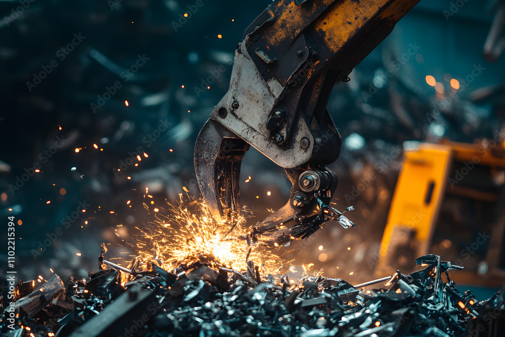 Industrial robotic claw crushing metal scrap with sparks flying in a ...