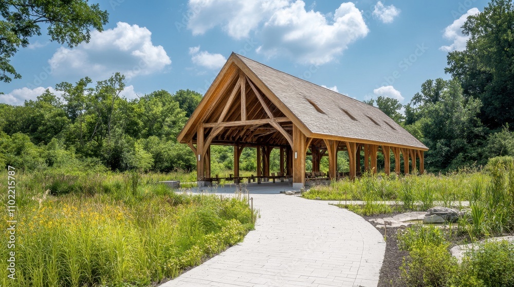 Picturesque Wooden Pavilion Nestled in a Lush Green Landscape