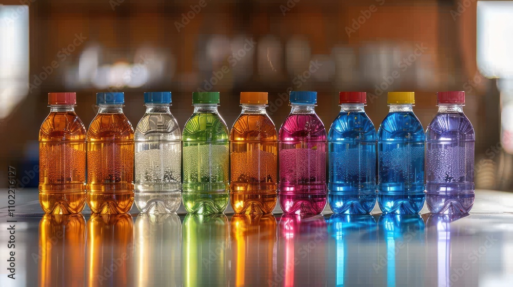 Colorful liquid in small bottles. Colorful liquid in small bottles.