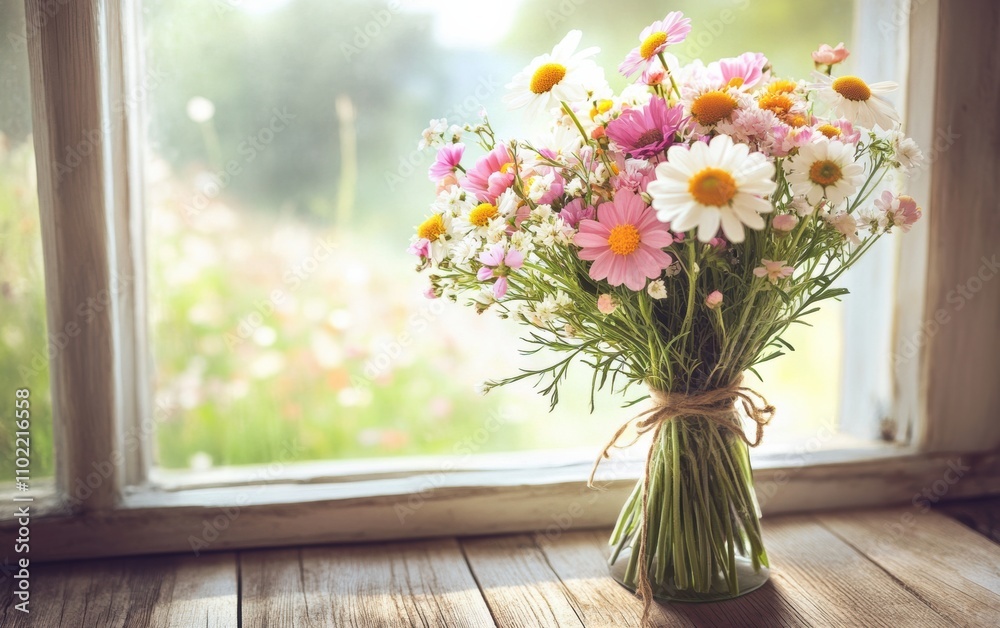 A bouquet of wildflowers tied with twine, resting on a rustic wooden table, soft sunlight filtering through a window