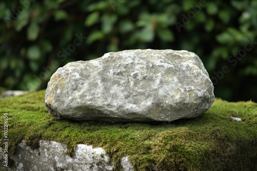 Grey stone resting on mossy surface with blurred green background