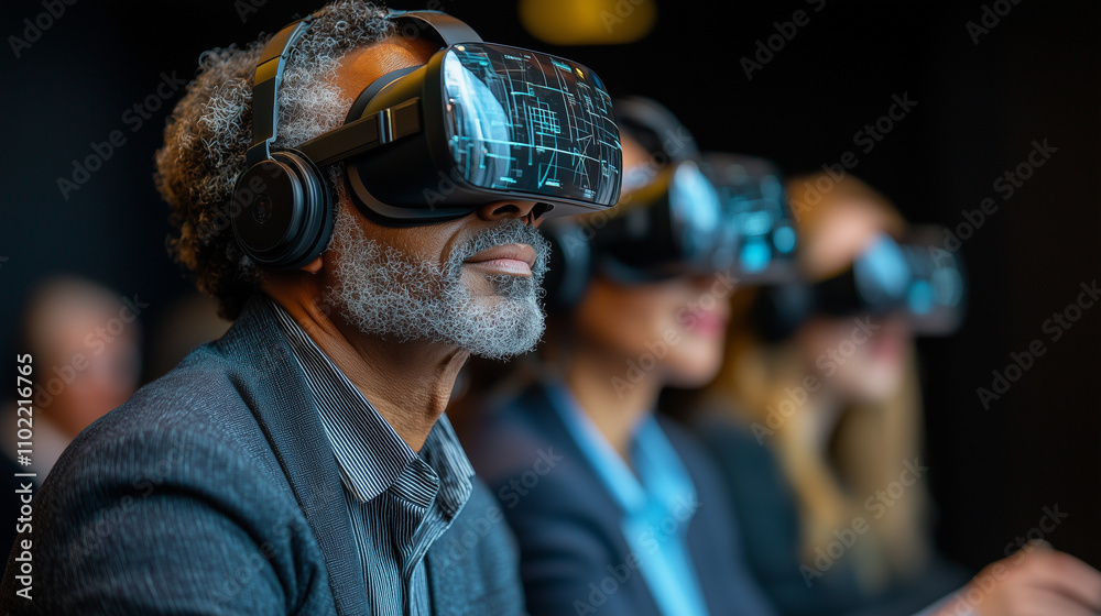 A collaborative meeting where colleagues wear VR headsets to review interactive business models.