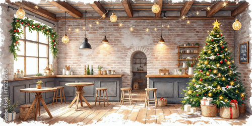 Watercolor Illustration of Christmas Themed Cozy Cafe with XMAS Tree
