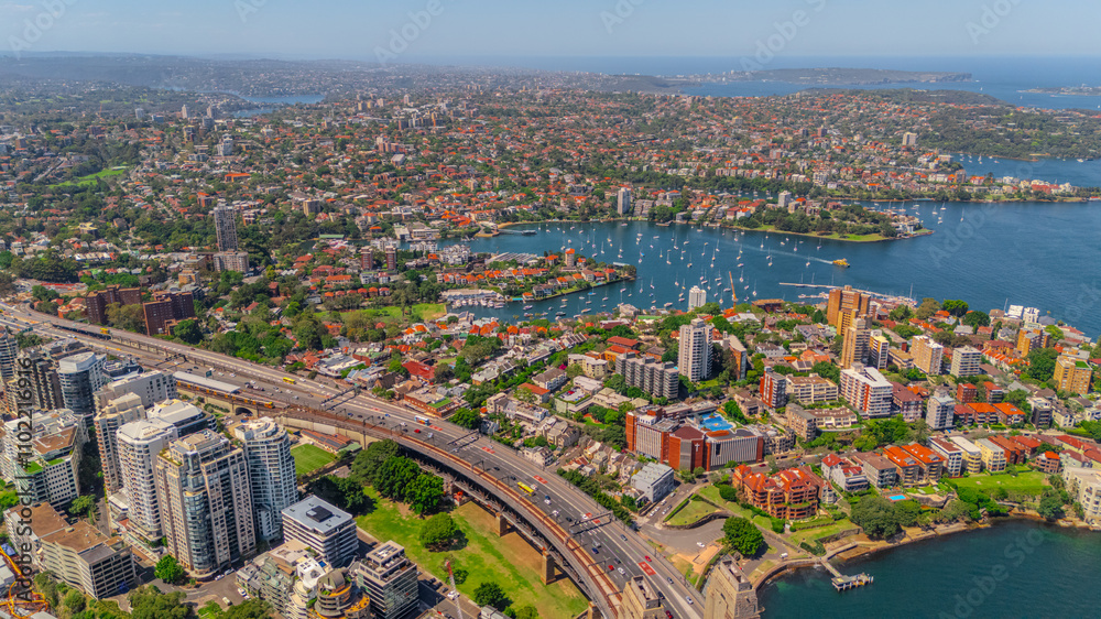Fototapeta premium Aerial View of Sydney Harbour Balmain Darling harbour Sydney CBD cockle Bay Wharf North Sydney harbour bridge Lavender Bay Milsons Point Manly on a warm summer day blue skies 
