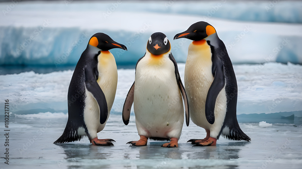 Fototapeta premium Three European Penguins stand close together, their tuxedo-like plumage creating a striking pattern against the icy backdrop. aI