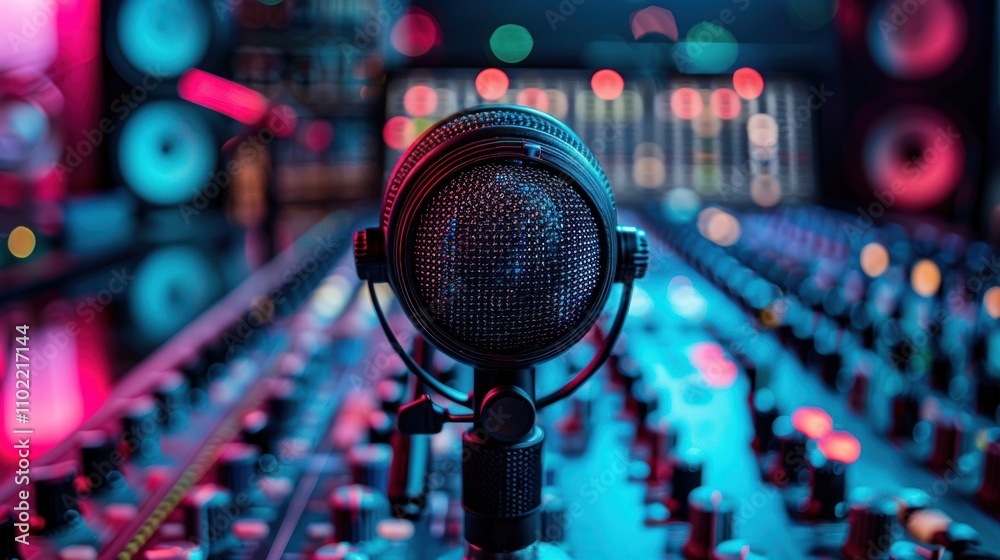 Close-up of a microphone in a recording studio. Close-up of a microphone in a recording studio.