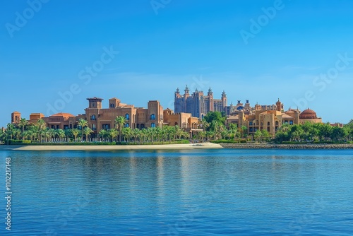 Jumeirah zabeel saray reflecting in the calm water of the palm jumeirah in dubai photo