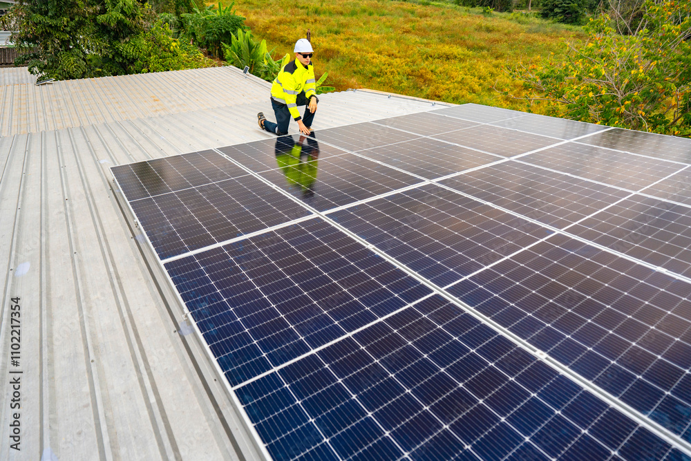 close up on grid of technology renewable solar energy. construction solar panels system on roof. Installing solar photovoltaic panel system. background of blue of solar cell system and structure roof. close up on grid of technology renewable solar energy. construction solar panels system on roof. Installing solar photovoltaic panel system. background of blue of solar cell system and structure roof.