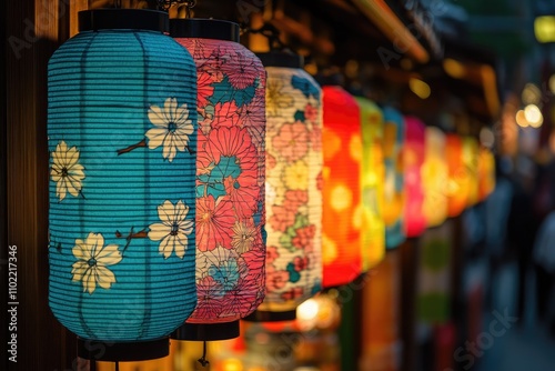 Colorful japanese lanterns illuminating a street market at dusk photo