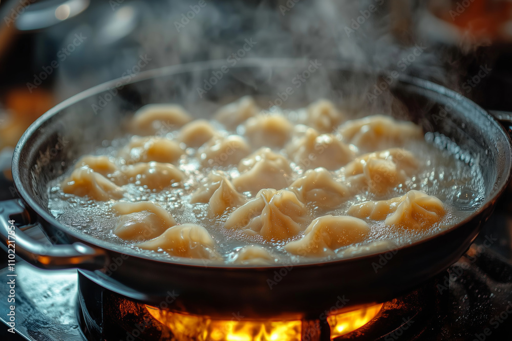 Steaming pot of dumplings simmers on a cozy kitchen stove Steaming pot of dumplings simmers on a cozy kitchen stove
