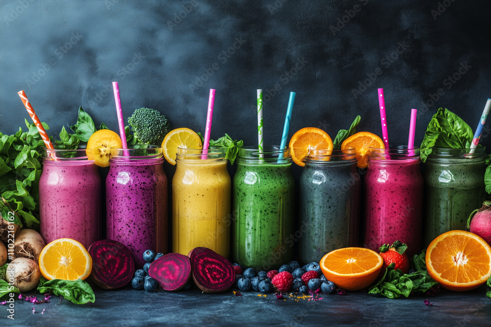 Colorful selection of healthy smoothies with fresh fruits and vegetables Colorful selection of healthy smoothies with fresh fruits and vegetables