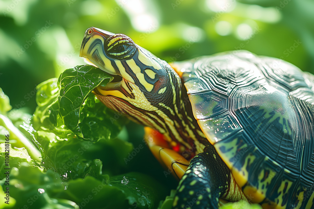 Obraz premium Turtle enjoying a sunny meal of fresh leafy greens in its natural habitat