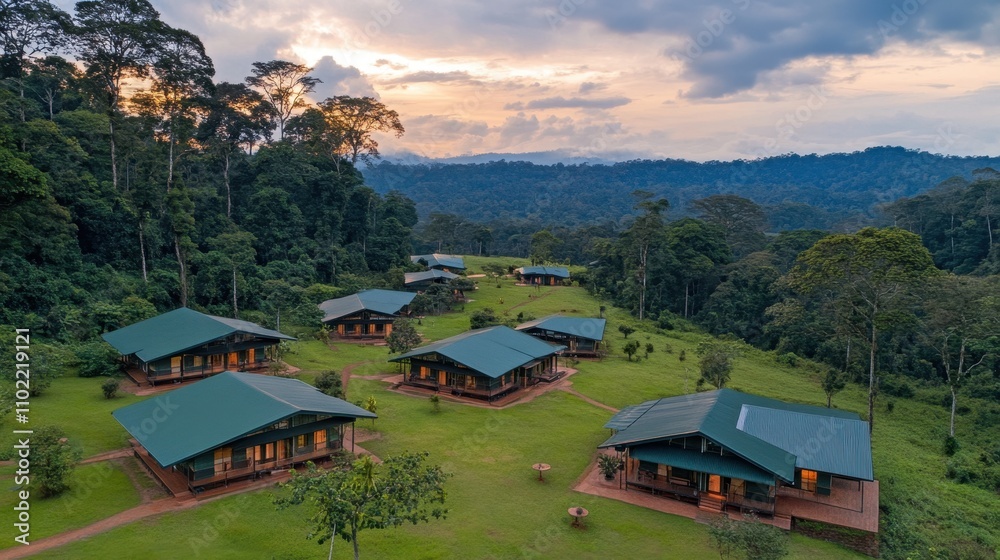 Peaceful Jungle Retreat Amid Lush Green Foliage and Picturesque Mountain Scenery Peaceful Jungle Retreat Amid Lush Green Foliage and Picturesque Mountain Scenery
