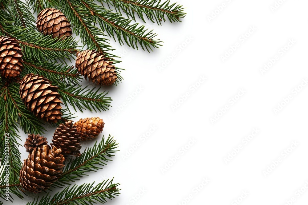 Fir branches with cones in the corner on a white background , isolated on white background, , copy space, copy space for text, Fir branches with cones in the corner on a white background , isolated on white background, , copy space, copy space for text,