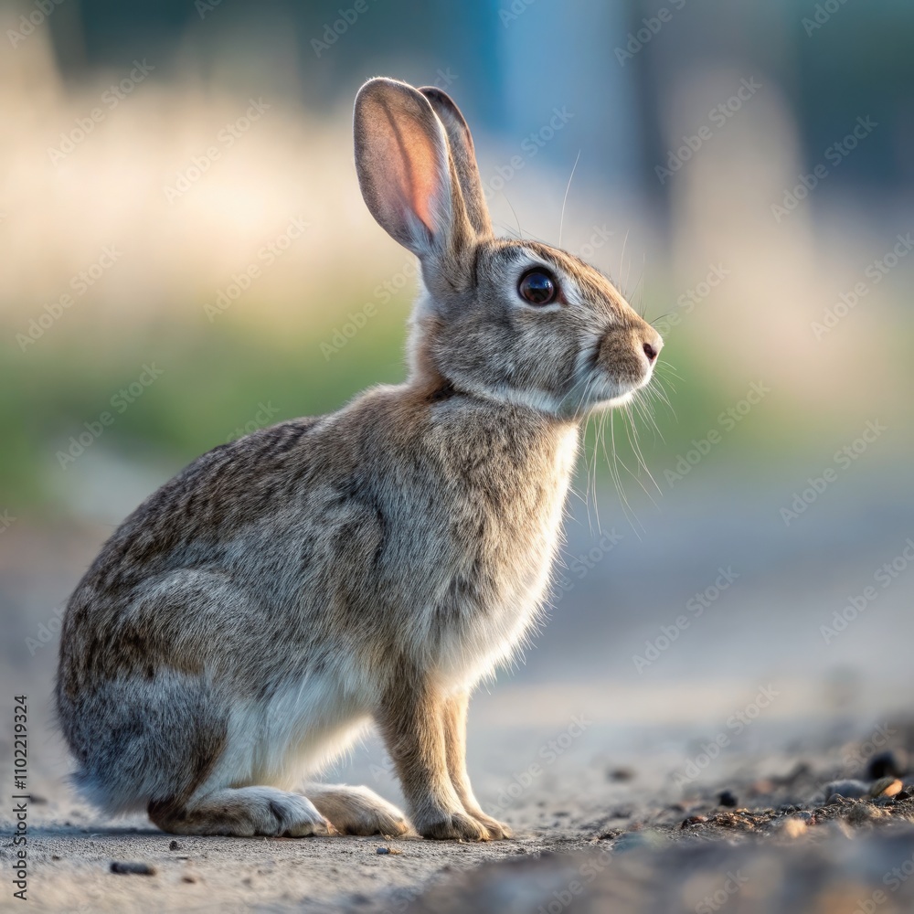 Rabbit Sitting Quietly on a Dirt Path With Blurred Background in the Evening. Generative AI Rabbit Sitting Quietly on a Dirt Path With Blurred Background in the Evening. Generative AI