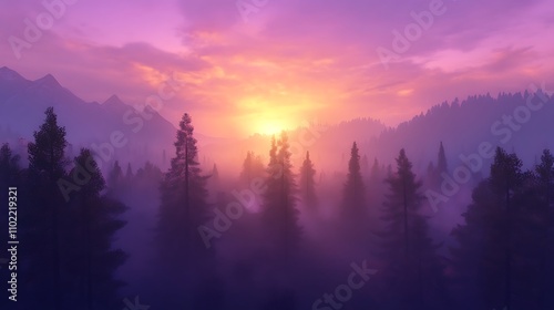 Mountain valley at dawn showcasing soft colors and mist rising among the trees