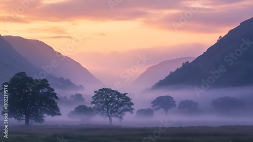 Serene mountain valley at dawn with soft mist and pastel sky hues over rugged landscape