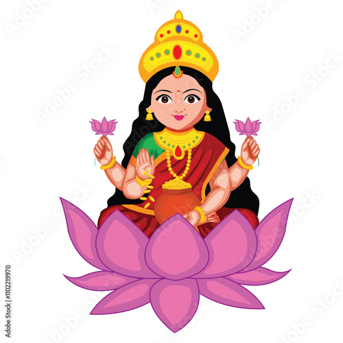 Goddess Lakshmi Cartoon Vector Illustration (Royalty Free)