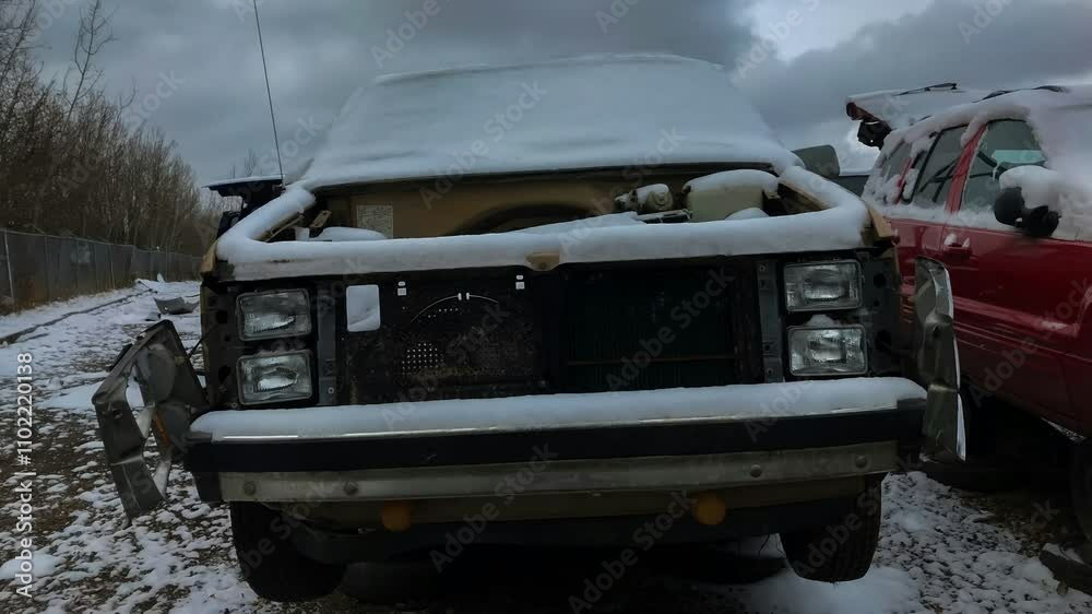 Winter junkyard footage. Rare old car. Unwanted car background. Old cars. Car dump.