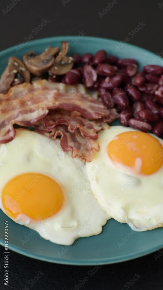 English breakfast with fried eggs, bacon, beans, tomatoes, spices and herbs. A hearty and nutritious start of the day English breakfast with fried eggs, bacon, beans, tomatoes, spices and herbs. A hearty and nutritious start of the day