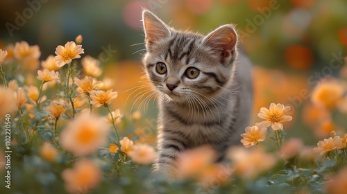 A cute tabby kitten walks through a field of bright yellow flowers, with its head tilted and ears perked up.