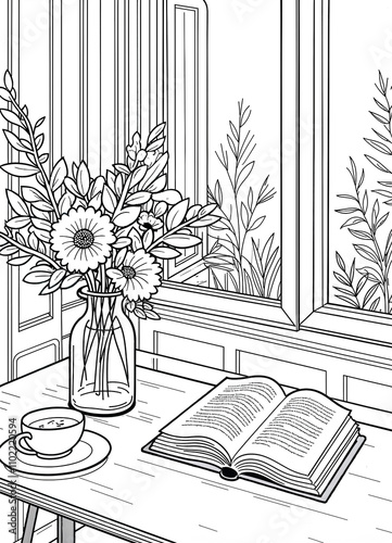Cozy Reading Corner with Flowers and Open Book Coloring Page for Kids