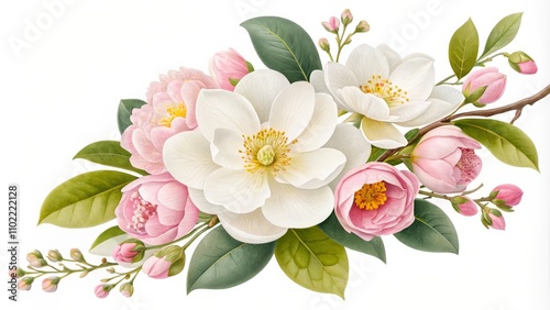 White and Pink Magnolia Blossoms with Green Leaves, floral arrangement, botanical art, magnolia, blossom